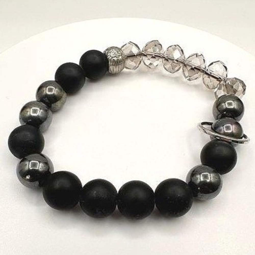 Vintage 80s Black Onyx Hematite Smoky Quartz Beaded Stretch Bracelet Retro Boho